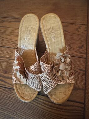Tan Woven Slide Mules with Floral Accent platform 3 inch heel.